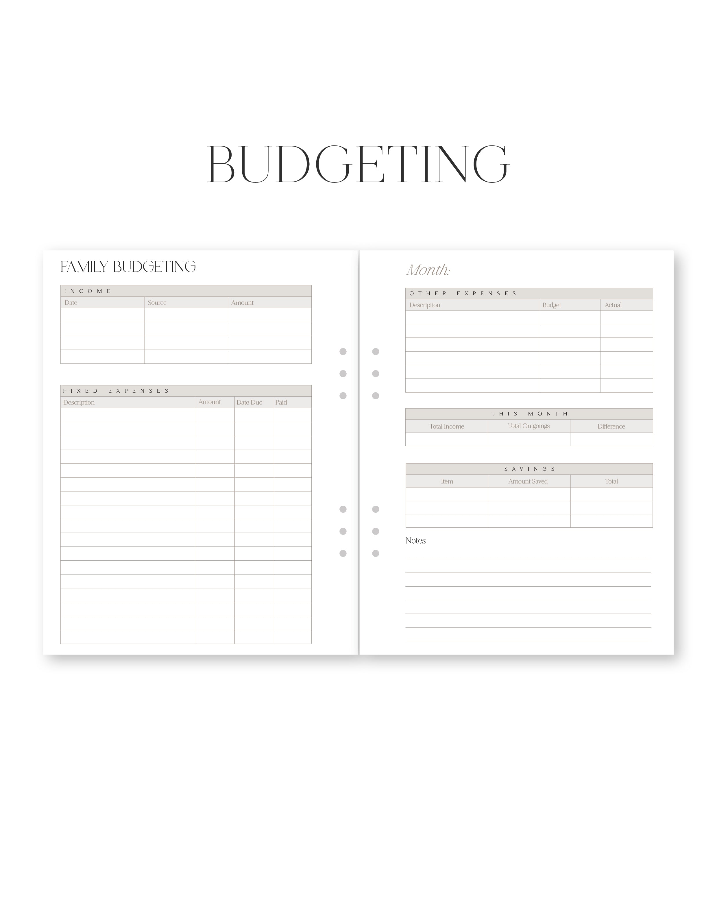 Two budgeting sheets with columns and text on a white background