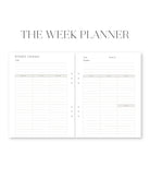 Two-page spread of a weekly planner with time tracking sections.