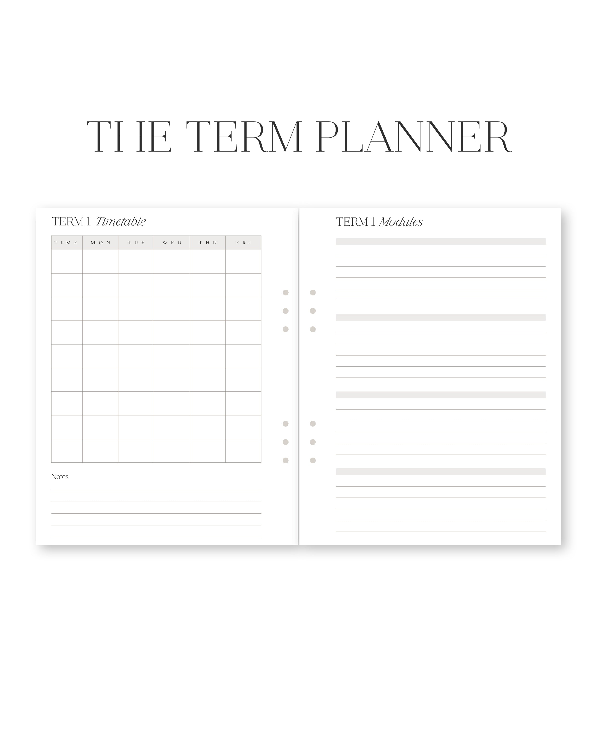 Two-page spread of a planner with 'The Term Planner' at the top.