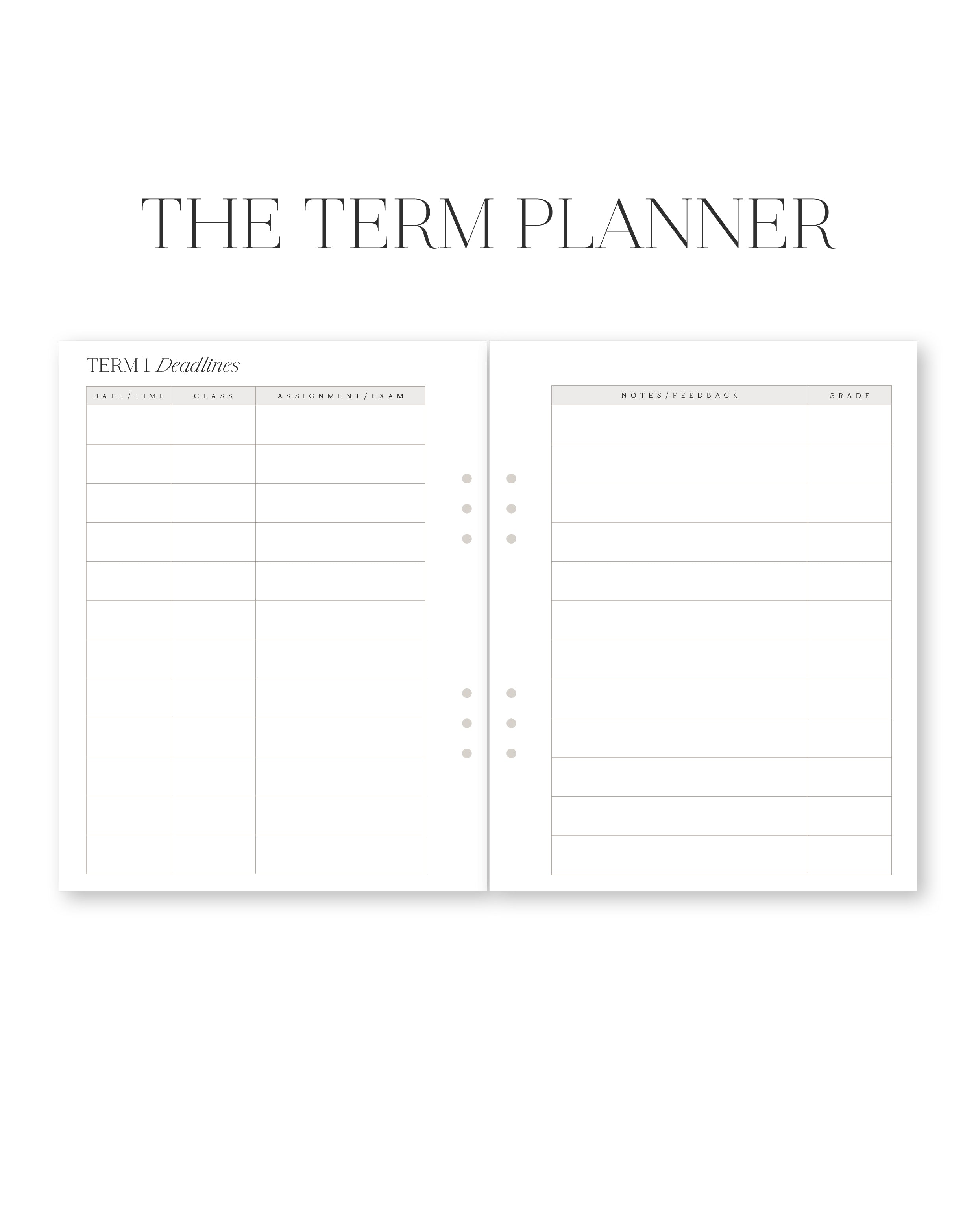 Student planner term planner deadlines